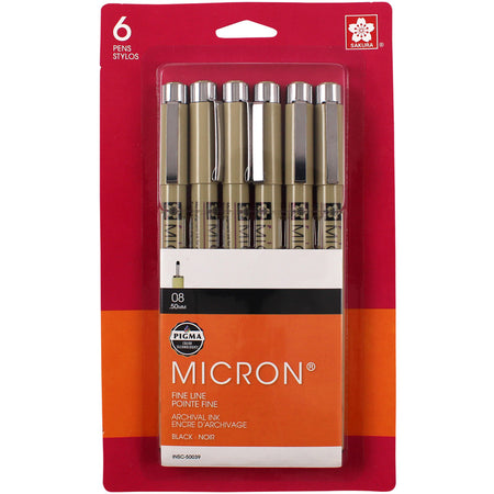 Pigma Micron Pens, Black, Size 08, 6-Pack, Blister Card