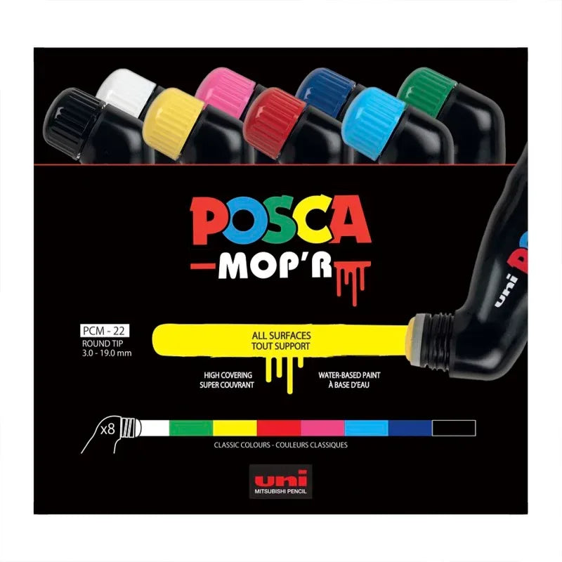 uni® POSCA MOP'R PCM-22 Water-Based Paint Markers, Round Tip (3.0-19.0mm), Assorted Colors, 8 Pack