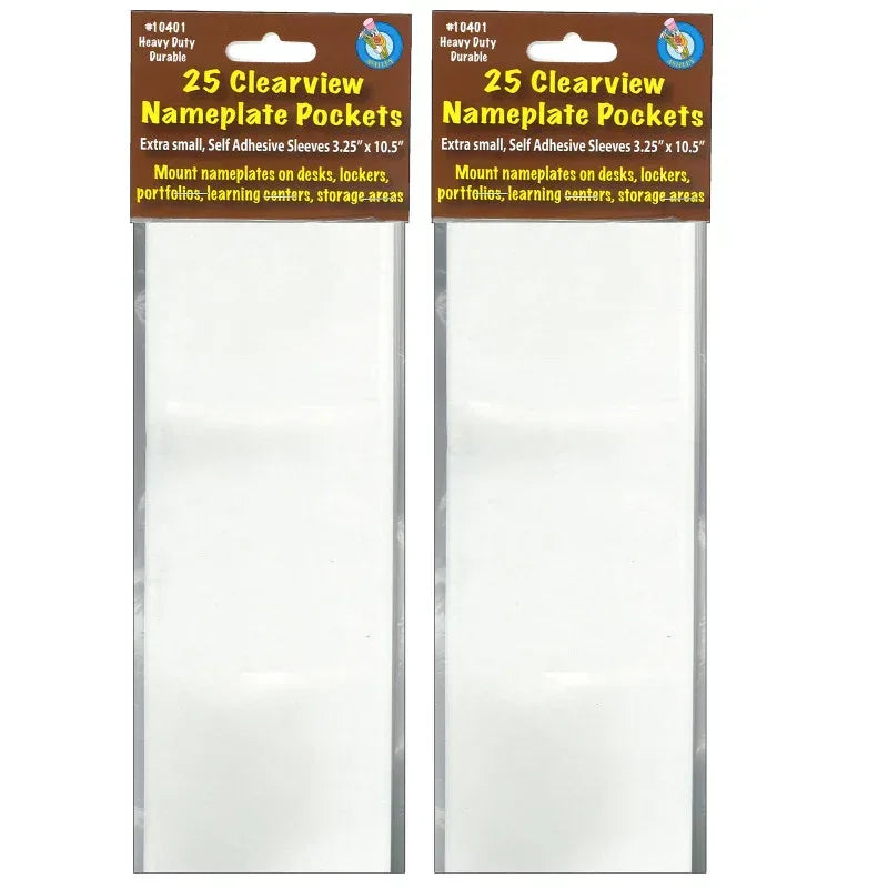 Clear View Self-Adhesive Extra Small Name Plate Pocket 3-1/4" x 10-1/2", 25 Per Pack, 2 Packs