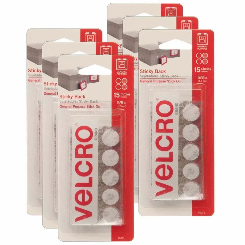 Sticky Back&trade; Round Fasteners, 0.63", White, 15 Per Pack, 6 Packs