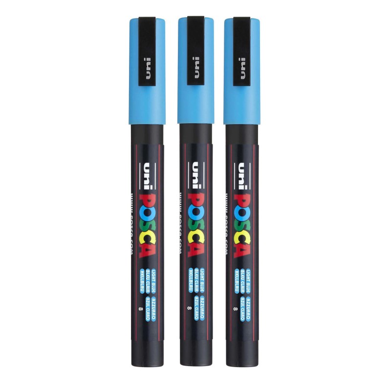 uniÂ® PC-3M Water-Based Paint Markers, Reversible Fine Tip (0.9-1.3mm), Light Blue, Set of 3