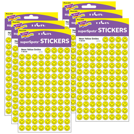 Neon Yellow Smiles superSpots&reg; Stickers, 800 Per Pack, 6 Packs