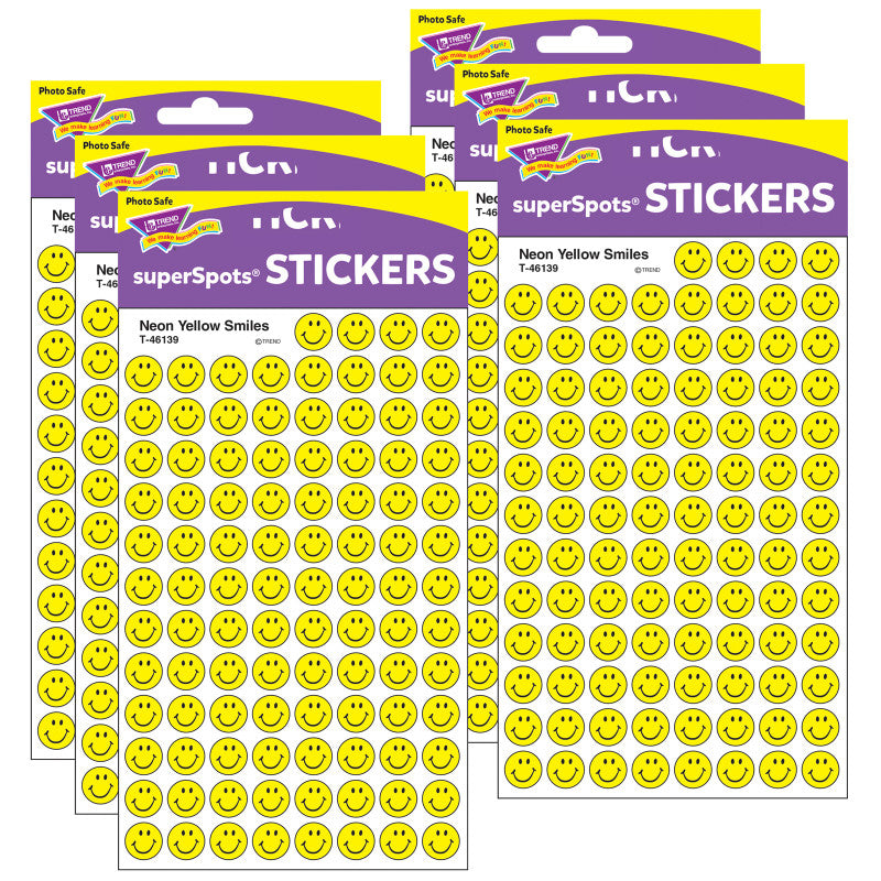 Neon Yellow Smiles superSpots&reg; Stickers, 800 Per Pack, 6 Packs
