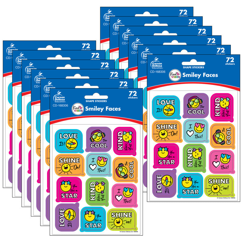 Kind Vibes Smiley Faces Shape Stickers, 72 Per Pack, 12 Packs