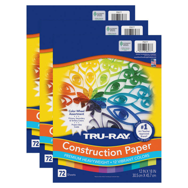 Construction Paper, Heavyweight, Color Wheel Assortment, 12 Vibrant Colors, 12" x 18", 72 Sheets Per Pack, 3 Packs