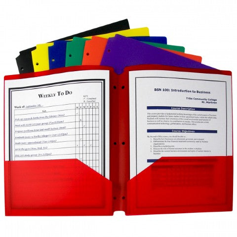 C Line Two-Pocket Poly Portfolio Folder with Three-Hole Punch, Assorted Primary Colors, Box of 36