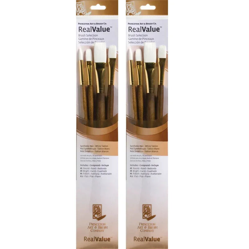 RealValue Brush Set, White Taklon Bristles, Long Handle Mixed Media Paintbrush, Brown, 4 Per Set, 2 Sets