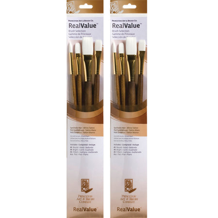 RealValue Brush Set, White Taklon Bristles, Long Handle Mixed Media Paintbrush, Brown, 4 Per Set, 2 Sets