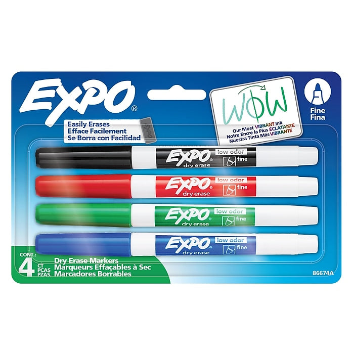 EXPO® Low Odor Dry Erase Marker, Fine Tip,  Assorted, 4/Set (86074)