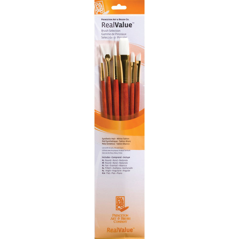 RealValue Brush Set, White Taklon Bristles, Long Handle Mixed Media Paintbrush, Orange, 6 Pieces