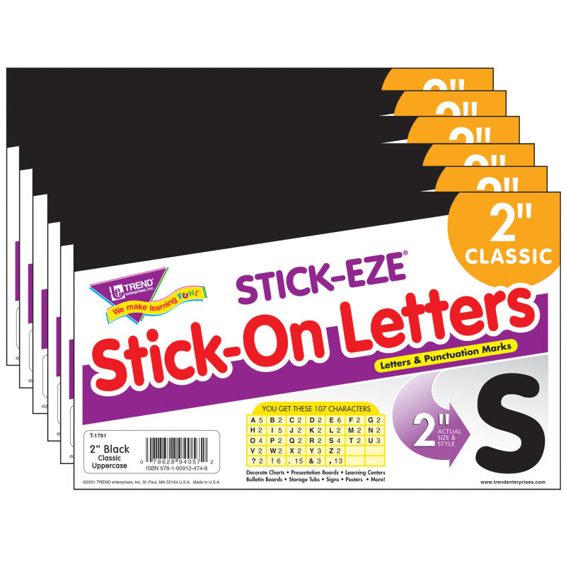 Black 2" STICK-EZE&reg; Stick-On Letters, 107 Pieces Per Pack, 6 Packs