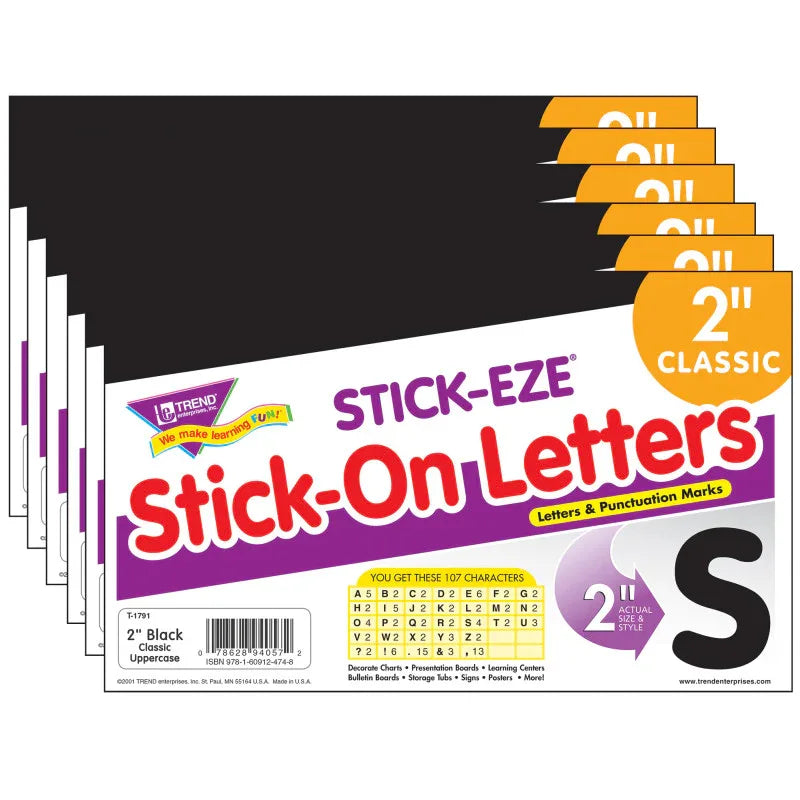 Black 2" STICK-EZE&reg; Stick-On Letters, 107 Pieces Per Pack, 6 Packs