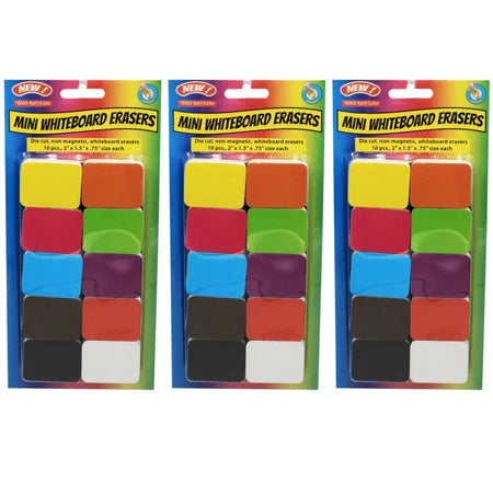 Non-Magnetic Mini Whiteboard Erasers, Assorted, 10 Per Pack, 3 Packs