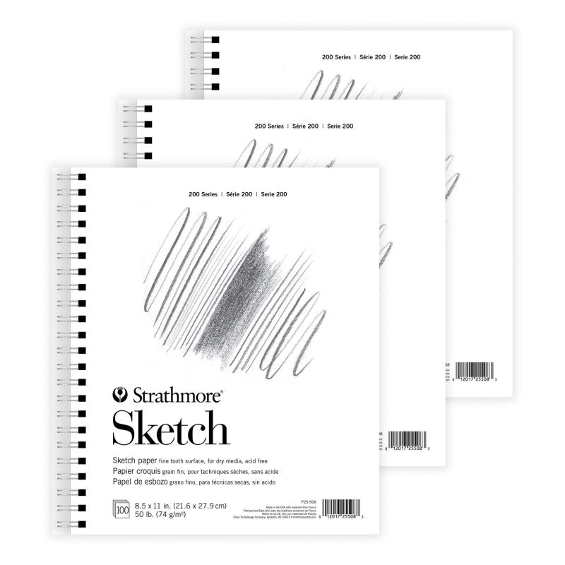200 Series Sketch Paper Pad, Wire Binding, 100 Sheet, 8.5x11 inch, Pack of 3