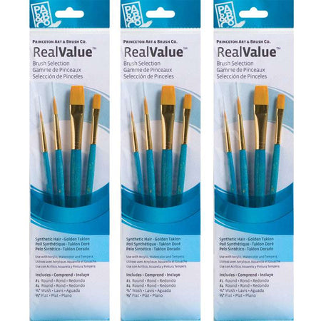 RealValue Brush Set, Gold Taklon Bristles, Short Handle Mixed Media Paintbrush, Blue, 4 Per Set, 3 Sets