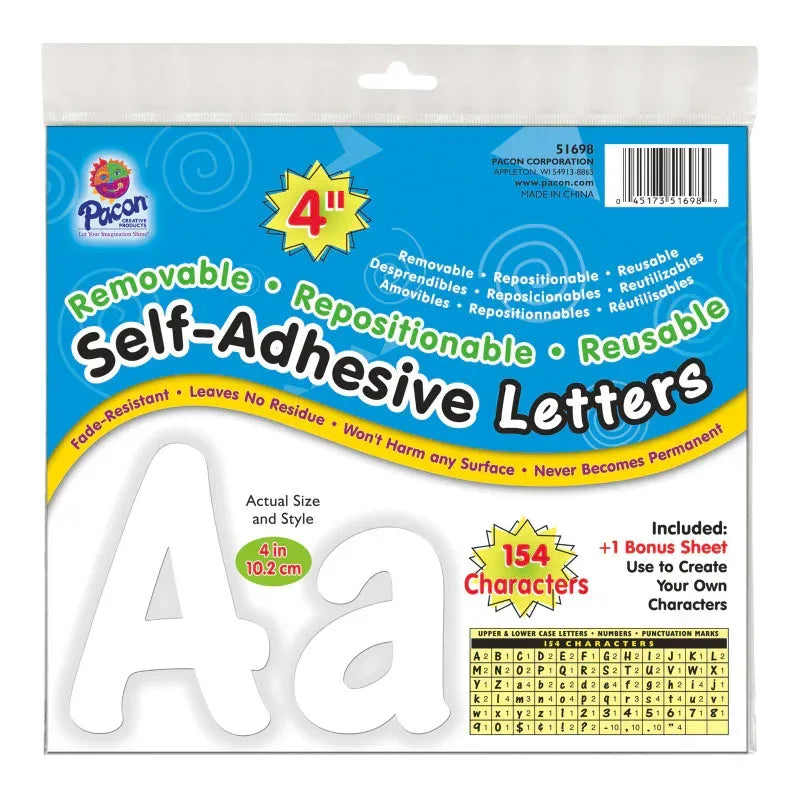 Self-Adhesive Letters, White, Cheery Font, 4", 154 Characters
