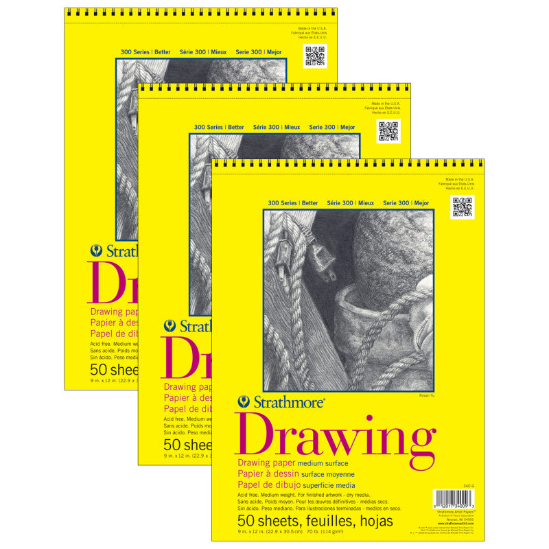 300 Series Drawing Pad, Top Wire Binding, 50 Sheet, 9x12 inch, Pack of 3