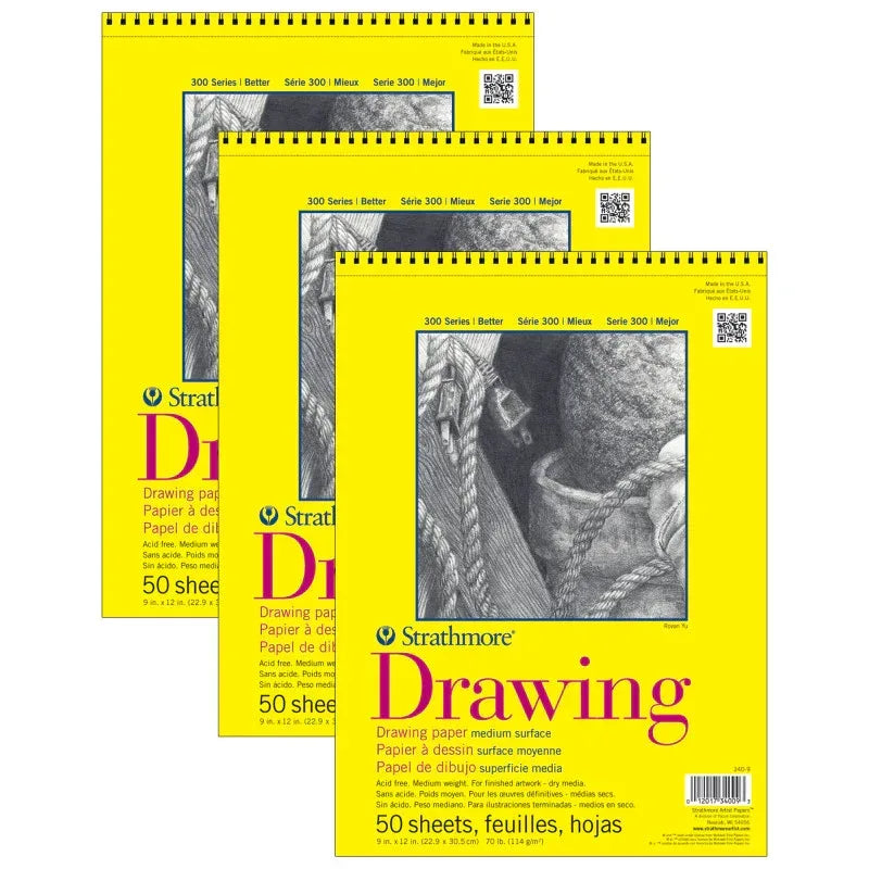 300 Series Drawing Pad, Top Wire Binding, 50 Sheet, 9x12 inch, Pack of 3