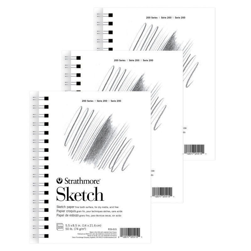 200 Series Sketch Paper Pad, Side Wire Binding, 100 Sheet, 5.5x8.5 inch, Pack of 3