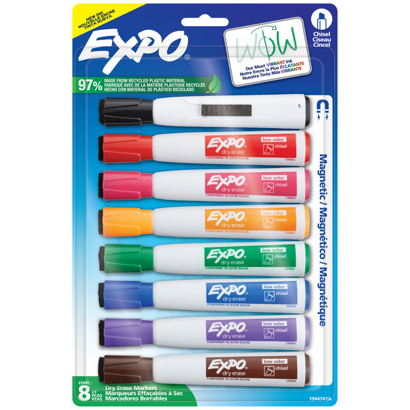 Magnetic Dry Erase Markers with Eraser, Chisel Tip, Assorted Colors, 8-Count