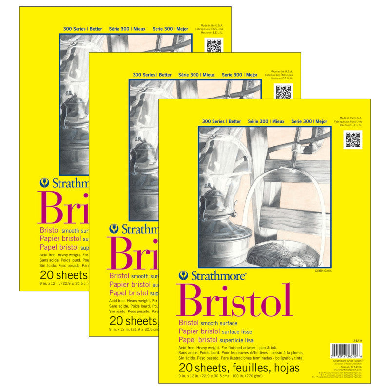 300 Series Bristol Pad, Smooth Finish, Tape Binding, 20 Sheet, 9x12 inch, Pack of 3