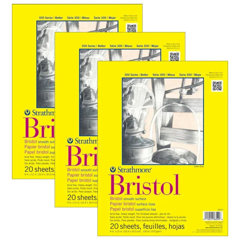 300 Series Bristol Pad, Smooth Finish, Tape Binding, 20 Sheet, 9x12 inch, Pack of 3