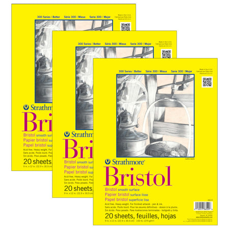 300 Series Bristol Pad, Smooth Finish, Tape Binding, 20 Sheet, 9x12 inch, Pack of 3
