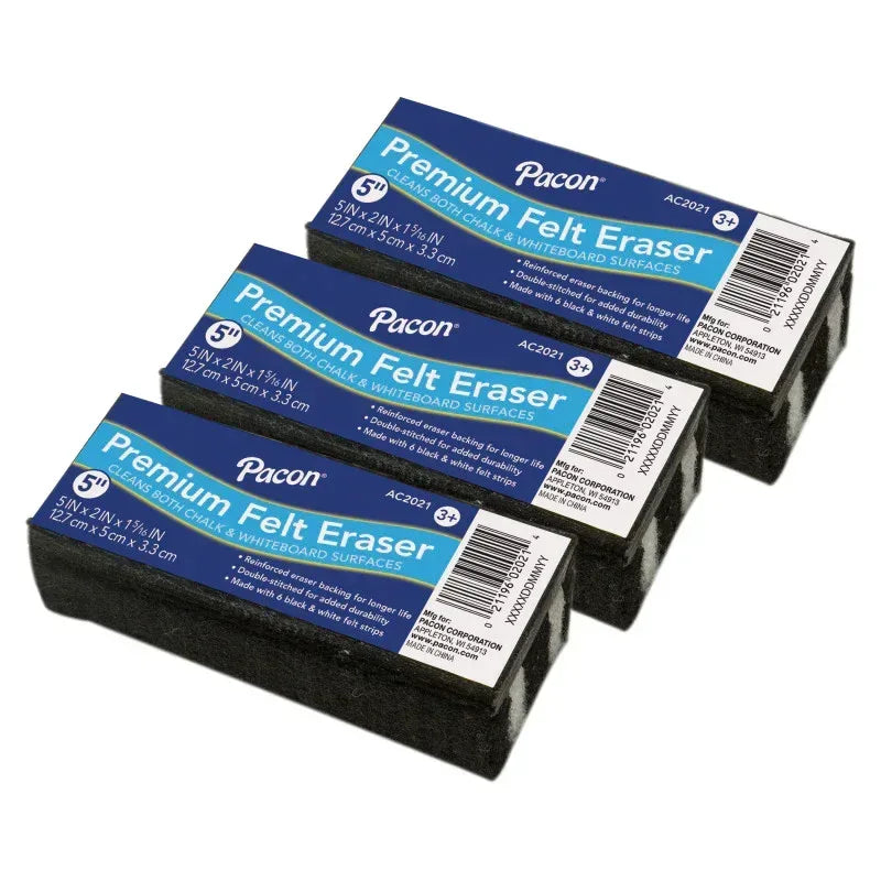 Premium Chalk & Whiteboard Eraser, 6 Black & White Felt Strips, Double-Stitched, Reinforced Backing, 5", Pack of 3