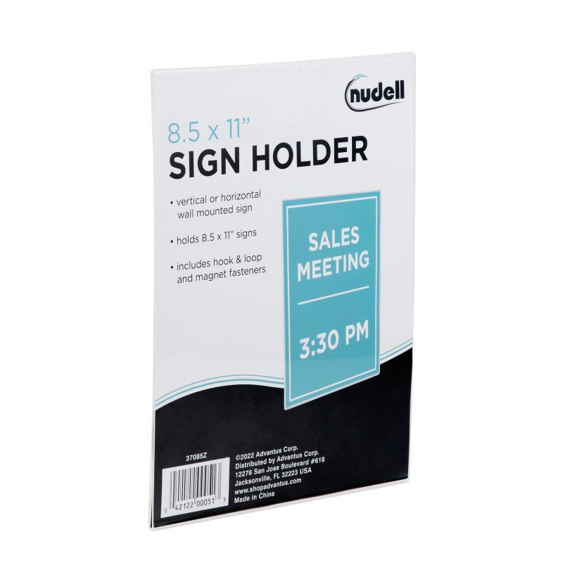 Sign Holder, Hook & Loop/Magnetic Wall-Mounted, Clear Plastic, 8.5x11 in