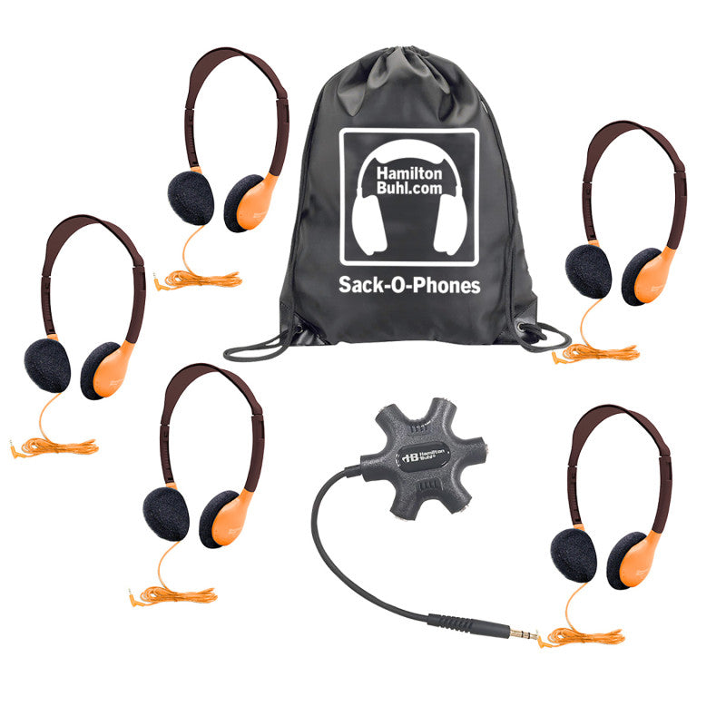 Galaxy&trade; Econo-Line of Sack-O-Phones with 5 Orange Personal-Sized Headphones, Starfish Jackbox and Carry Bag