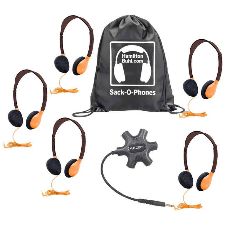 Galaxy&trade; Econo-Line of Sack-O-Phones with 5 Orange Personal-Sized Headphones, Starfish Jackbox and Carry Bag