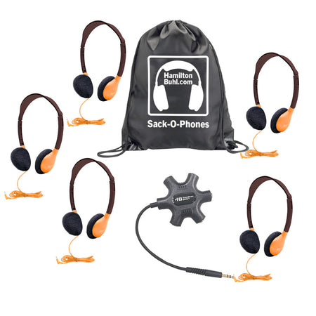 Galaxy&trade; Econo-Line of Sack-O-Phones with 5 Orange Personal-Sized Headphones, Starfish Jackbox and Carry Bag