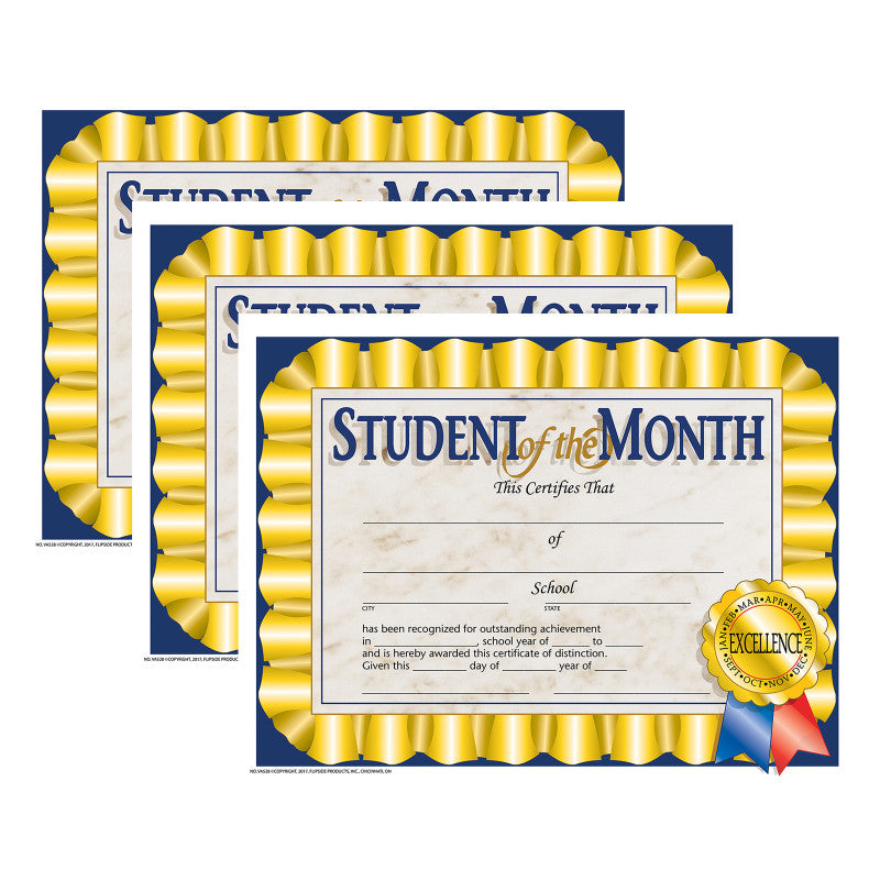 Student of the Month Certificate, 8.5" x 11", 30 Per Pack, 3 Packs