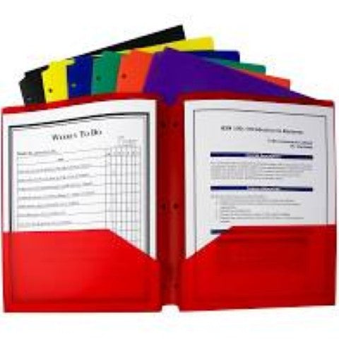 2 Pocket Plastic Portfolio, 3 Hole Punch, Assorted Colors, (40025)
