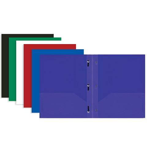 2 Pocket Plastic Portfolio 3 prongs Assorted Colors, (40030)