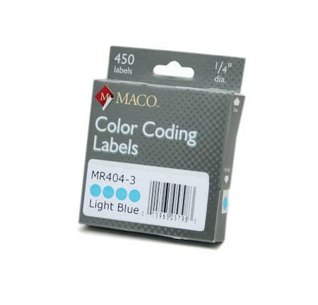 MACO Light Blue Round Color Coding Labels, 1/4 Inches in Diameter, 450 Per Box, MR404-3