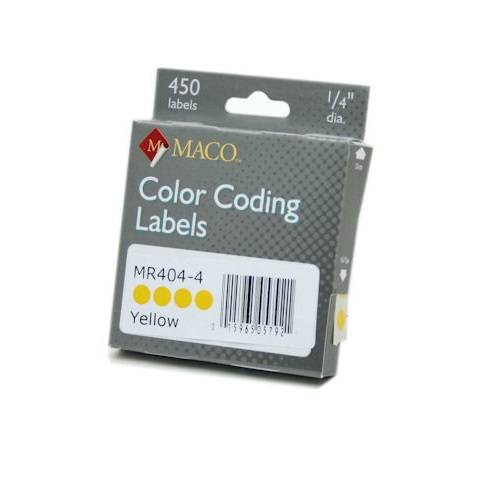 MACO Yellow Round Color Coding Labels, 1/4 Inches in Diameter, 450 Per Box, MR404-4