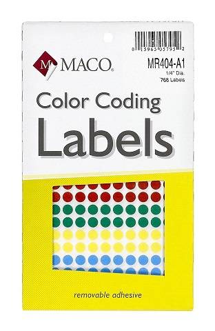 MACO Assorted Primary Round Color Coding Labels, 1/4 Inches, 768 Per Box (MR404-A1)