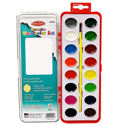 Charles Leonard Washable Watercolor Paint Set, Semi-Moist Oval Pan with Brush, 16 Colors