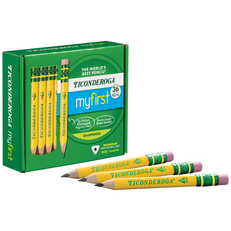 My First&reg; Short Wooden Pencils, Large Triangle Barrel, Sharpened, #2 HB Soft, With Eraser, Yellow, 36 Count