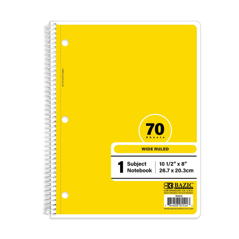 1-Subject Spiral Notebook, Wide Ruled, 70 Count, Yellow