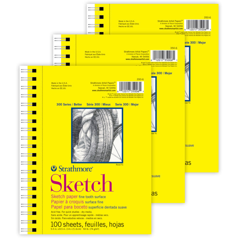 300 Series Sketch Pad, Side Wire Binding, 100 Sheets, 5.5x8.5 inch, Pack of 3