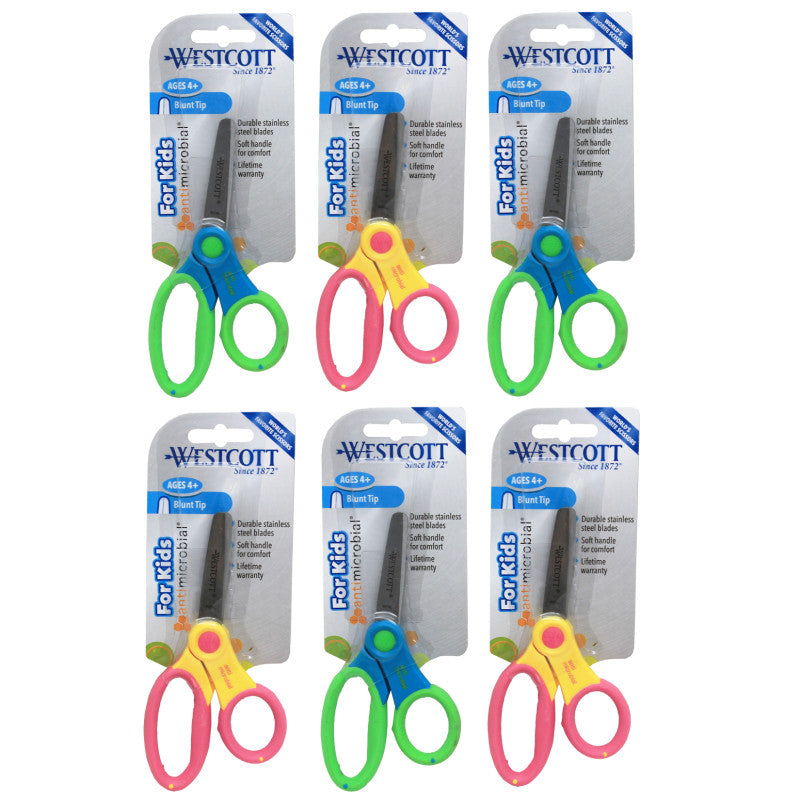 5" Anti-Microbial Kids Scissors, Blunt, Assorted Colors, Pack of 6