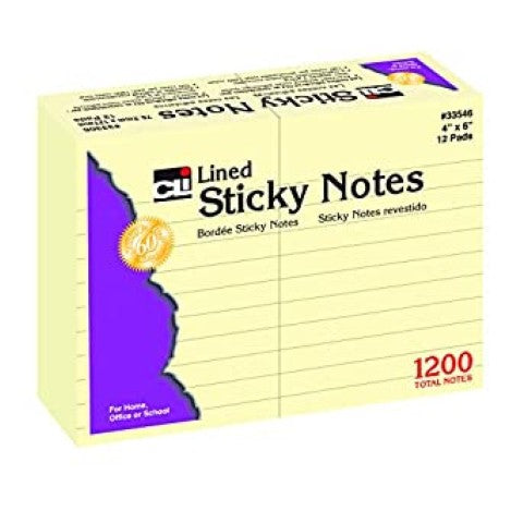 Self Stick Notes, 4" x 6", Lined, 12 Pads Per Pack