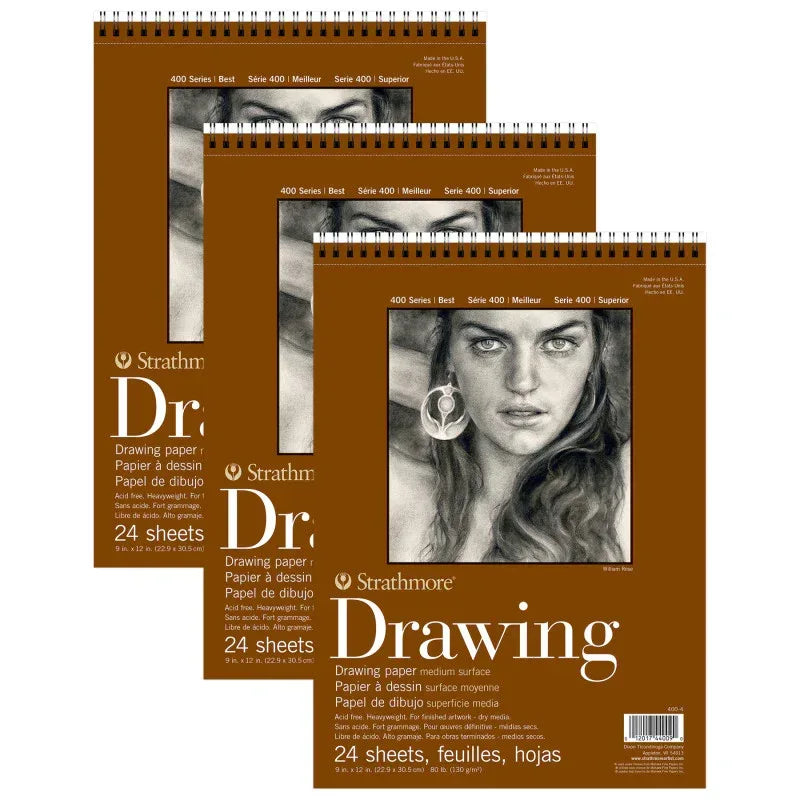 400 Series Drawing Pad, Smooth Finish, Wire Binding, 24 Sheet, 9x12 inch, Pack of 3