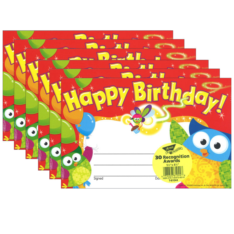 Happy Birthday Owl-Stars!&reg; Recognition Awards, 30 Per Pack, 6 Packs