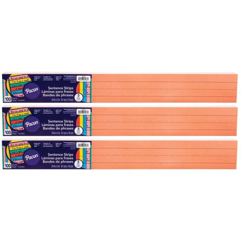 Sentence Strips, 5 Assorted Colors, 1-1/2" Ruled, 3" x 24", 100 Strips Per Pack, 3 Packs