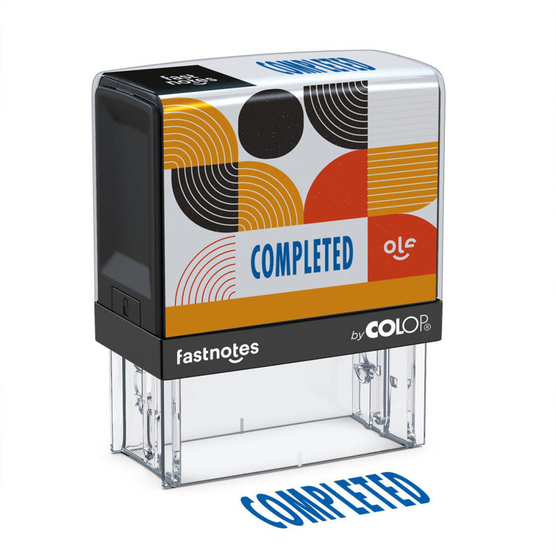 Self-Inking Completed Message Stamp, Blue Ink, Clear Alignment Base, 2 Design Cards