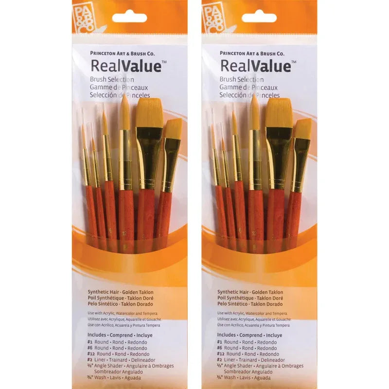 RealValue Brush Set, Gold Taklon Bristles, Short Handle Mixed Media Paintbrush, Orange, 6 Per Set, 2 Sets