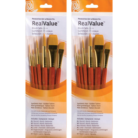 RealValue Brush Set, Gold Taklon Bristles, Short Handle Mixed Media Paintbrush, Orange, 6 Per Set, 2 Sets